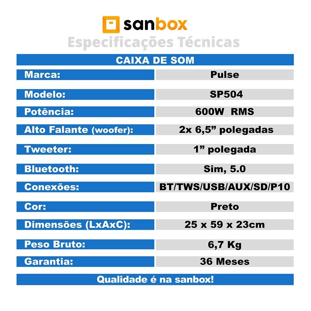 Imagem do produto Caixa Som Pulsebox Sp504 6.5 Polegadas 600w Bt Led