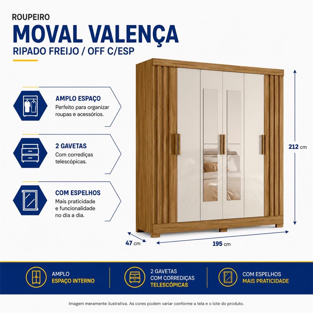 Imagem do produto Roupeiro Moval Valenca C/esp 2.12 X 1,95x0,47 Freijó/off