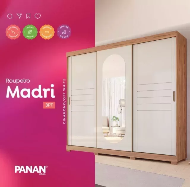 Imagem do produto Roupeiro Panan Madri 3 Pts Slide C Kit2 Esp./kit 8 Pes Retang Menor Cinamomo/off White