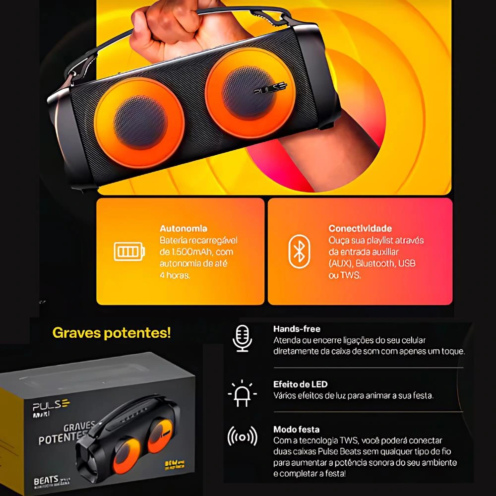 Imagem do produto Caixa Som Multilaser Pulse Bazooka Beats 80W SP614 RMSBT/AUX/SD/USB LED