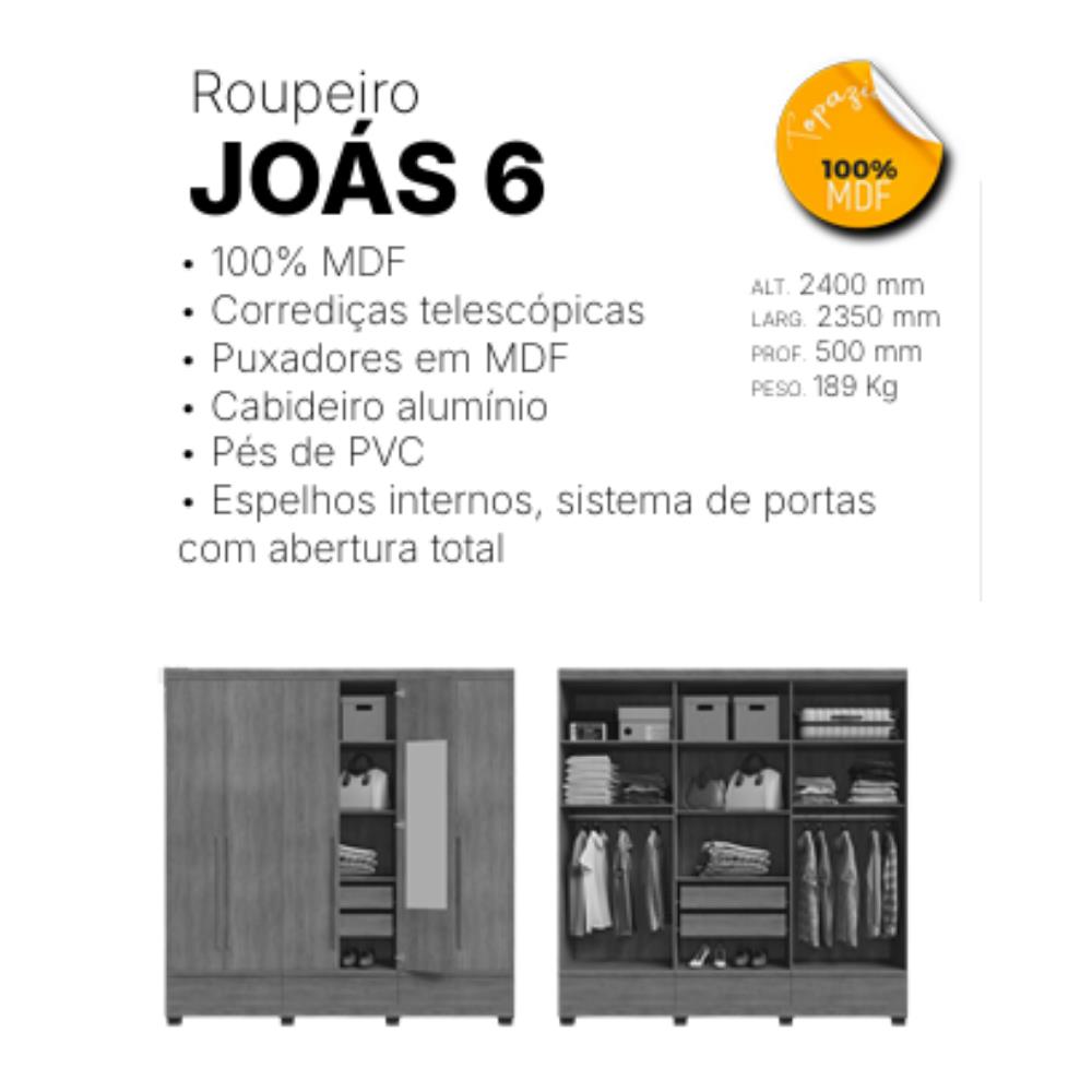 Imagem do produto Roupeiro Topazio Joas 6 Pt C/Esp Interno Cinan/Off White