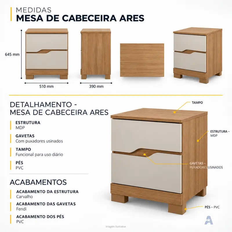 Imagem do produto Mesa de Cabeceira Moval Ares 2 Gavetas Carvalho/Fendi